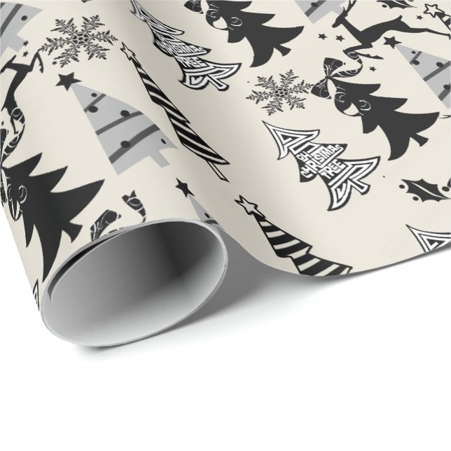 Papier Cadeau Arbres de Noël Enveloppement Papier Beige Noir (Coin rond)