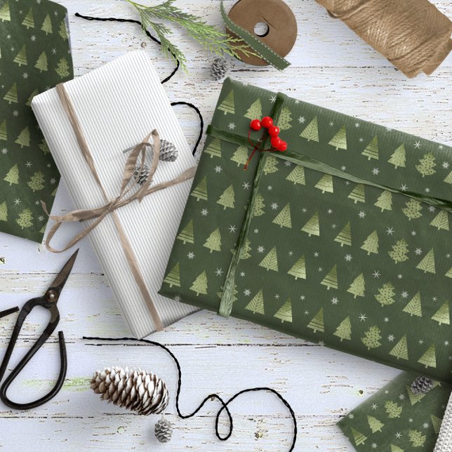 Papier Cadeau Arbres de Noël et Snowflakes Motif Green ID863 (Créateur téléchargé)
