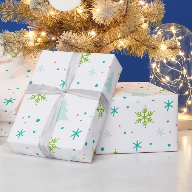 Papier Cadeau Arbres de Noël et Snowflakes Noël moderne (Vacances)