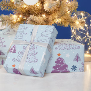 Papier Cadeau Arbres de Noël Etoiles Snowflakes Bleu Noël
