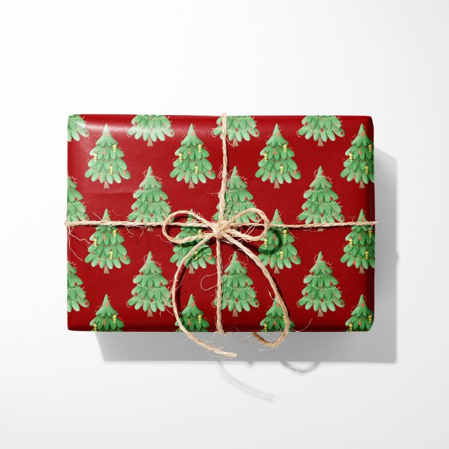 Papier Cadeau Arbres de Noël festifs - Arrière - plan rouge (Créateur téléchargé)