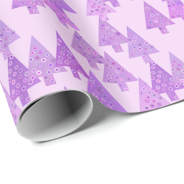 Papier Cadeau Arbres de Noël, fleurs, imprimé lavande moderne (Coin rond)