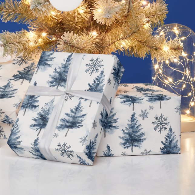 Papier Cadeau Arbres de Noël Flocons de Neige Bleus Blancs (Vacances)