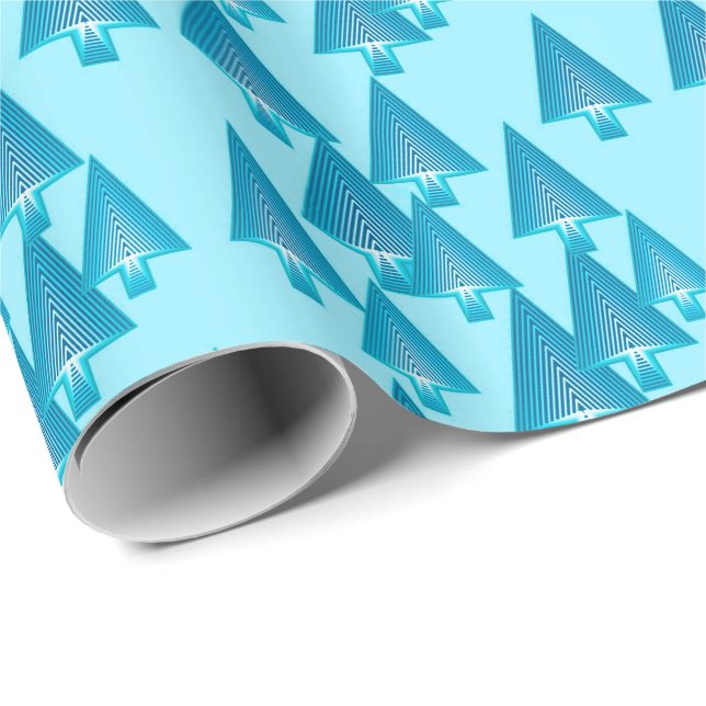 Papier Cadeau Arbres de Noël métalliques modernes - bleu de ciel (Coin rond)