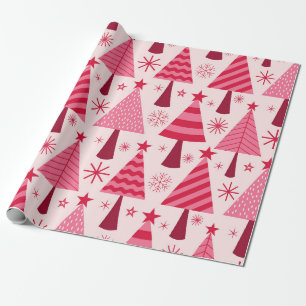 Papier Cadeau Arbres de Noël minimalistes rose et rouge Motif