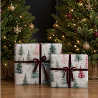 Papier Cadeau Arbres de Noël modernes à l'aquarelle Vert Fêtes