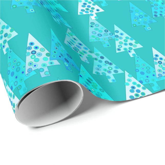 Papier Cadeau Arbres de Noël modernes de fleur - turquoise (Coin rond)