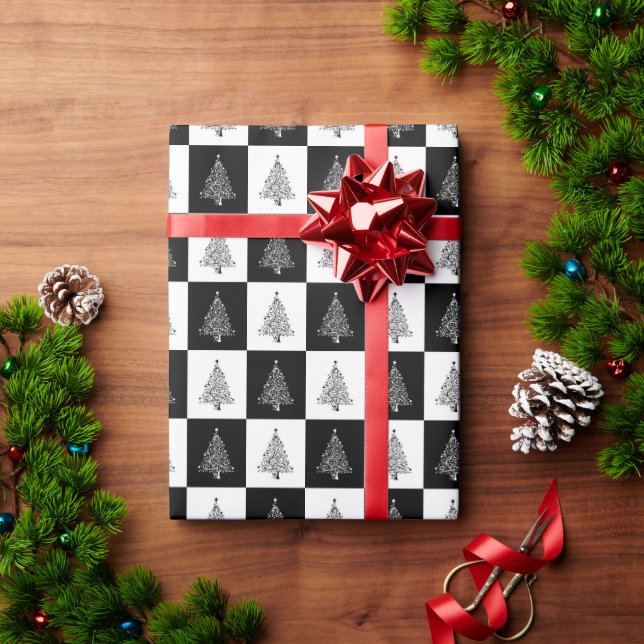 Papier Cadeau Arbres de Noël modernes Motif noir et blanc (Cadeau de vacances)
