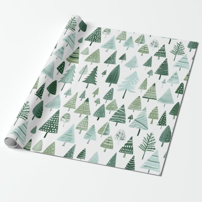 Papier Cadeau Arbres de Noël modernes Sage Green (Déroulé)