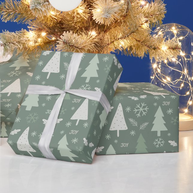 Papier Cadeau Arbres de Noël modernes Sage Green (Vacances)