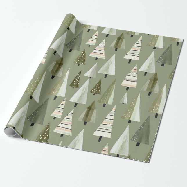 Papier Cadeau Arbres de Noël modernes Sage Motif vert (Déroulé)