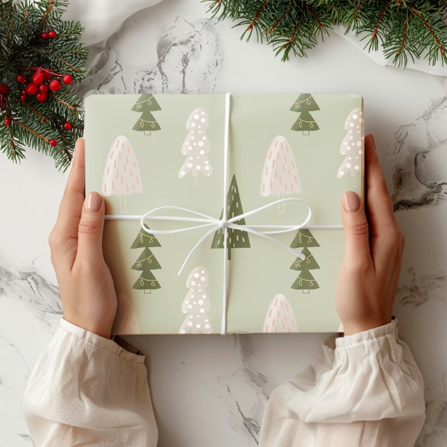 Papier Cadeau Arbres de Noël modernes Sage Olive Green Motif (Créateur téléchargé)