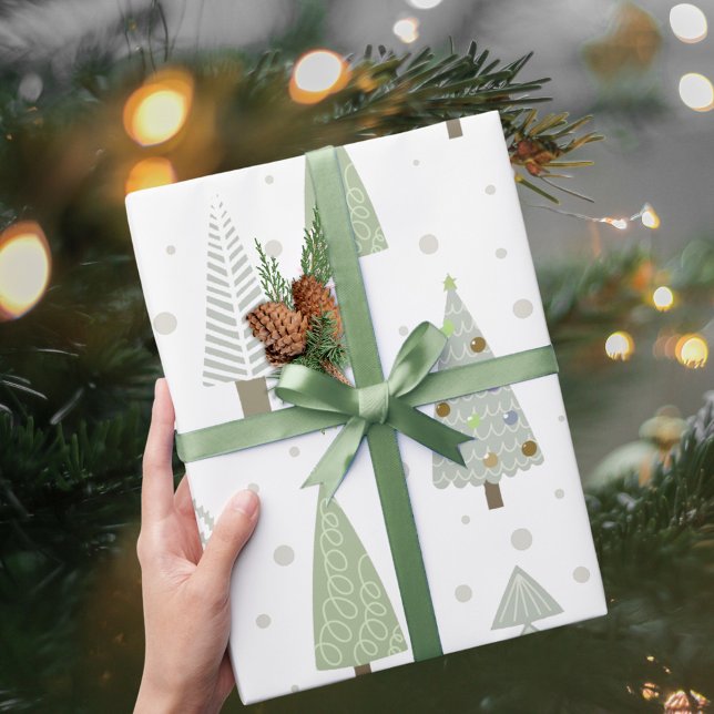Papier Cadeau Arbres de Noël modernes Sage Olive Green Motif (Créateur téléchargé)