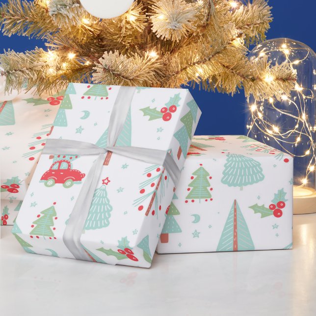 Papier Cadeau Arbres de Noël modernes Vacances Voiture rouge (Vacances)