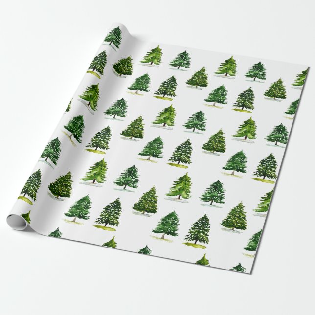 Papier Cadeau Arbres de Noël motif Festif Vert aquarelle (Déroulé)
