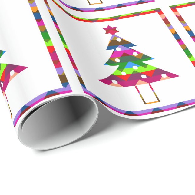 Papier Cadeau Arbres de Noël multicolores (Coin rond)