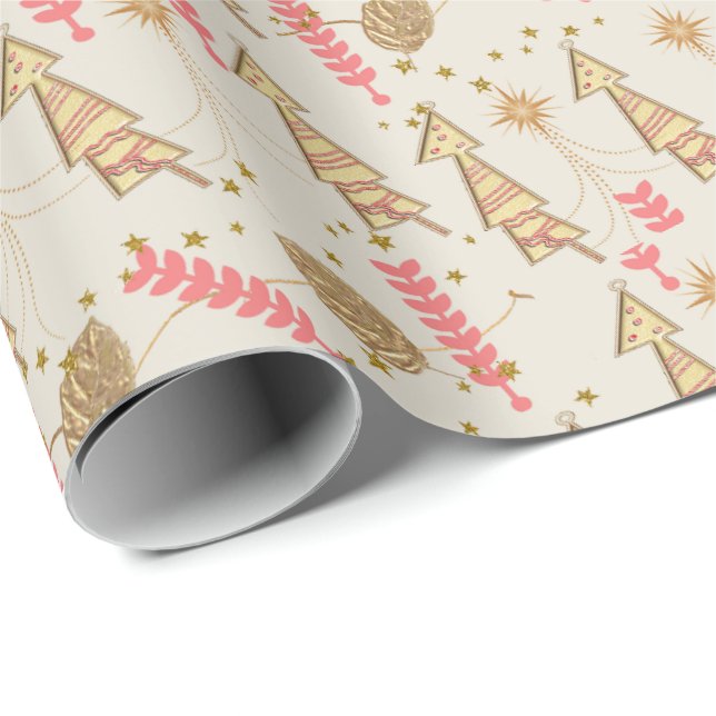 Papier Cadeau Arbres de Noël Or Enveloppement Papier Beige (Coin rond)