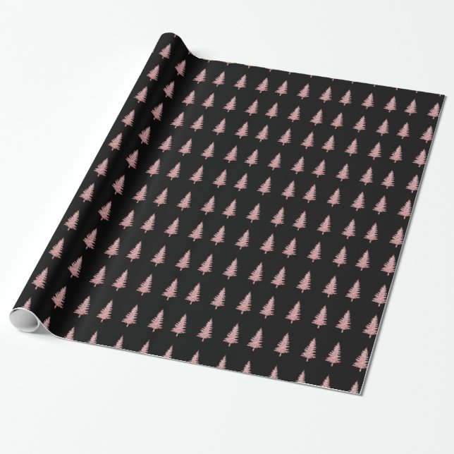 Papier Cadeau Arbres de Noël Or Rose modernes sur Noir (Déroulé)