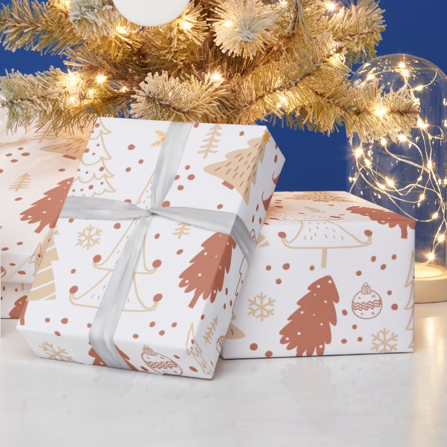 Papier Cadeau Arbres de Noël Ornements Étoiles Blanc Noël (Vacances)