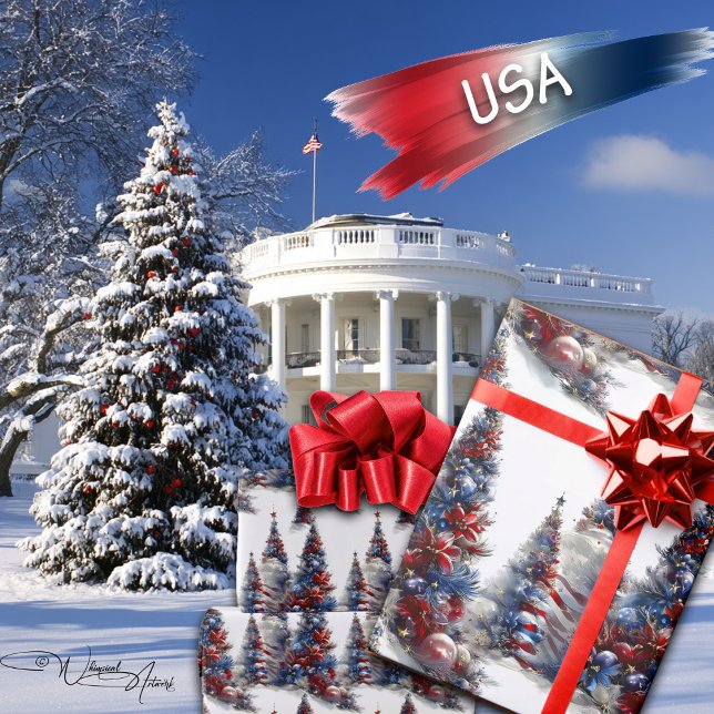 Papier Cadeau Arbres de Noël Patriotique Rouge Blanc et Bleu (Créateur téléchargé)