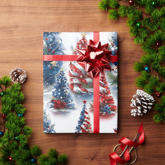 Papier Cadeau Arbres de Noël Patriotique Ruban (Cadeau de vacances)