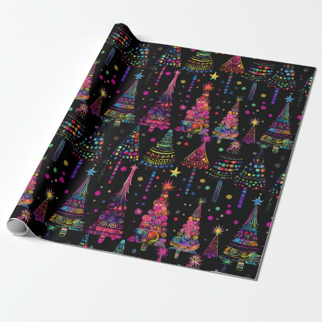 Papier Cadeau Arbres de Noël psychédéliques en noir (Déroulé)