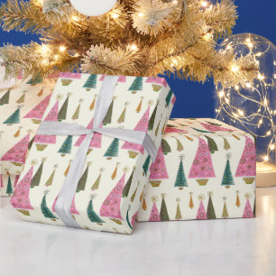 Papier Cadeau Arbres de Noël Retro Pink Gold Green