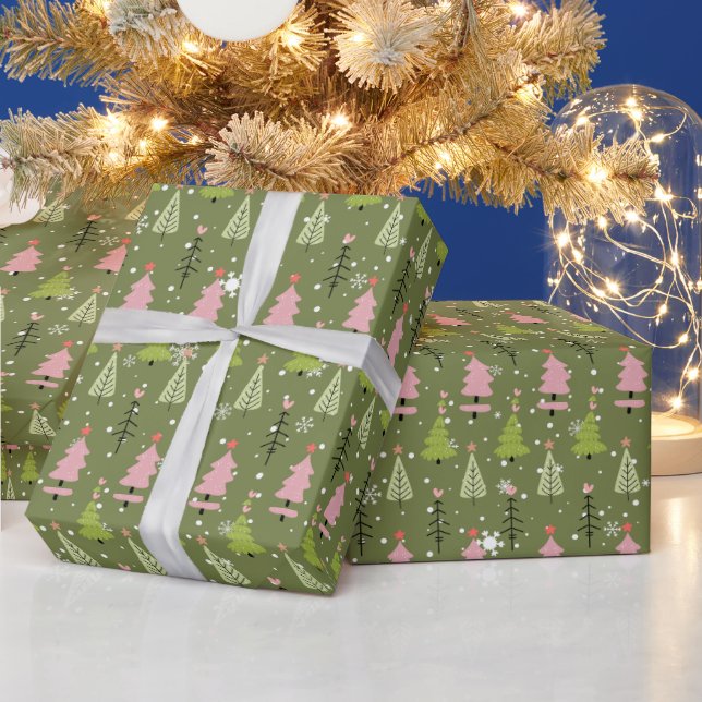 Papier Cadeau Arbres de Noël rose et vert Noël vert (Vacances)