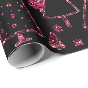 Papier Cadeau Arbres de Noël Rose Rose Girly Séquin noir