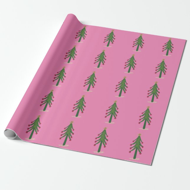 Papier Cadeau Arbres de Noël rose vert et rouge (Déroulé)