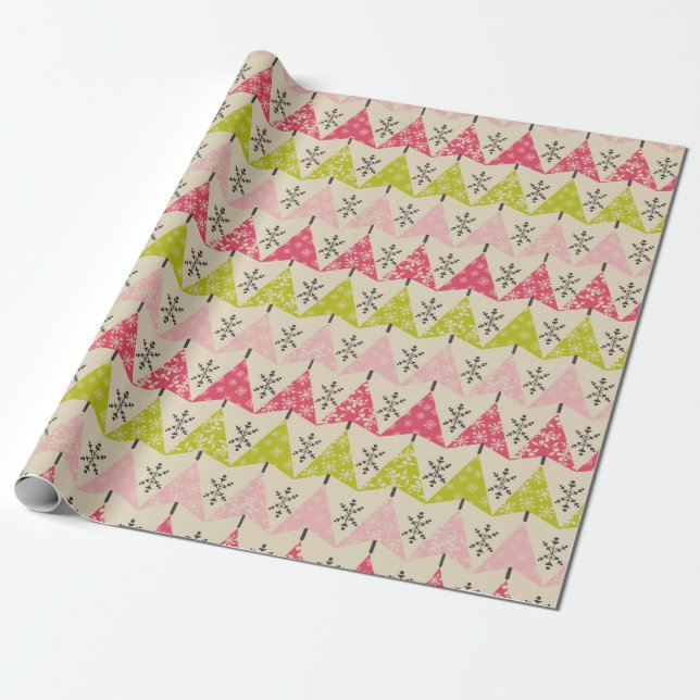 Papier Cadeau Arbres de Noël roses et verts (Déroulé)