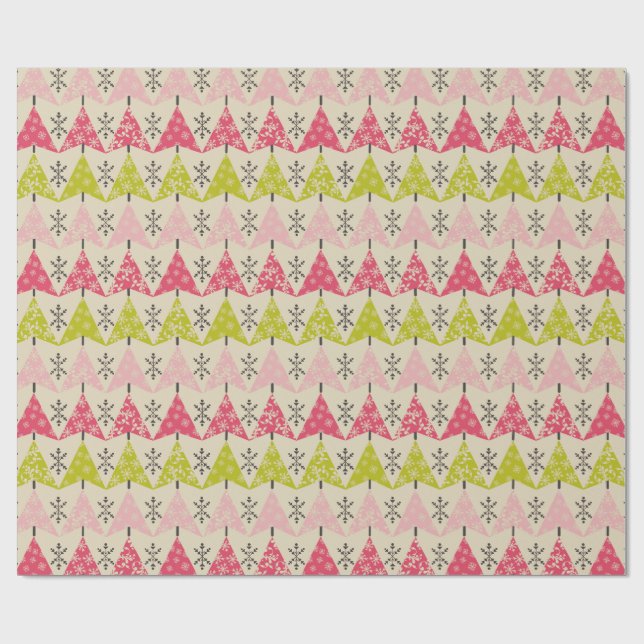 Papier Cadeau Arbres de Noël roses et verts (Plat)