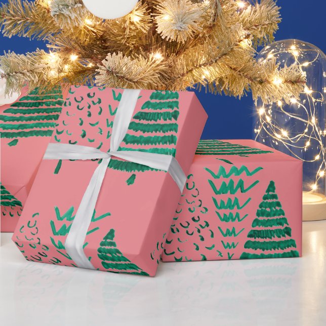 Papier Cadeau Arbres de Noël roses et verts (Vacances)