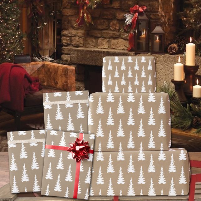 Papier Cadeau Arbres de Noël rustiques en bois blanc Kraft (Rustic Kraft White Woodland Christmas Trees Holiday Gift Wrapping Paper Rolls)