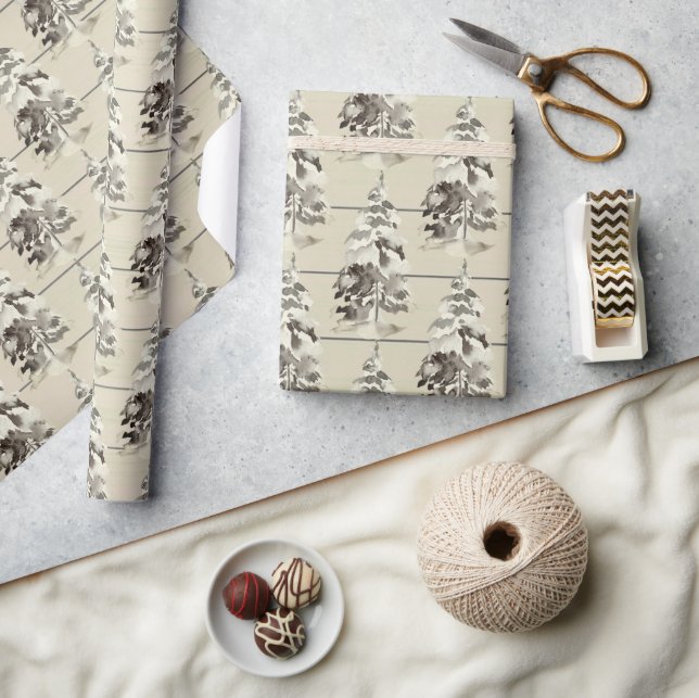 Papier Cadeau Arbres de Noël Rustiques modernes neigeux (Artisanat)