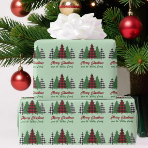 Papier Cadeau Arbres de Noël Rustiques Rouges Vert Plaid Customi