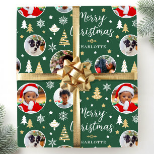 Papier Cadeau Arbres de Noël stylés Nom photo Forest Green