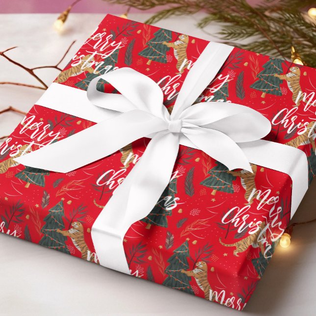 Papier Cadeau Arbres de Noël & tigres motif personnalisé arrière (Créateur téléchargé)