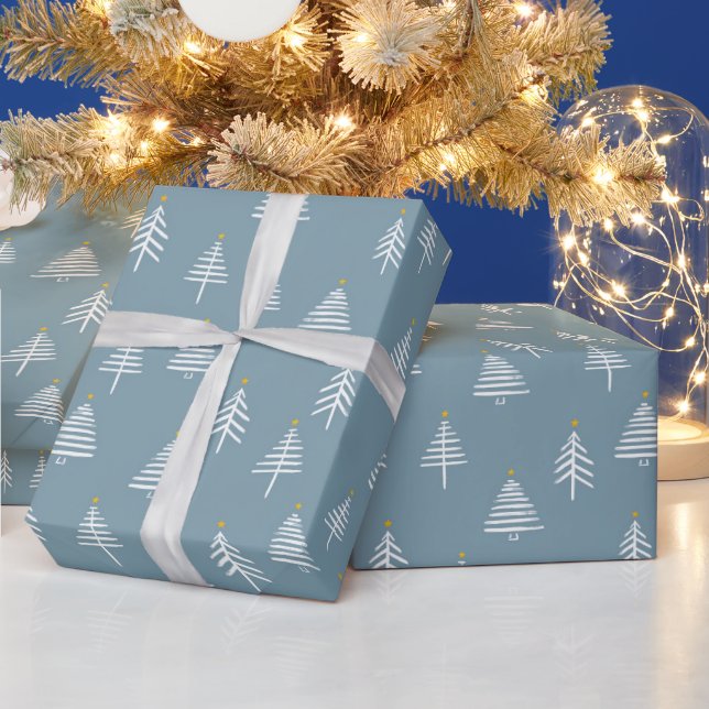 Papier Cadeau Arbres de Noël Vacances Élégant bleu moderne blanc (Vacances)