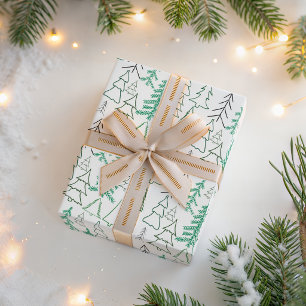 Papier Cadeau Arbres de Noël verts minimalistes motif sans coutu