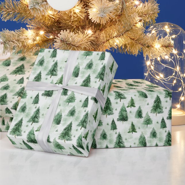 Papier Cadeau Arbres de Noël verts sur vert pâle (Vacances)
