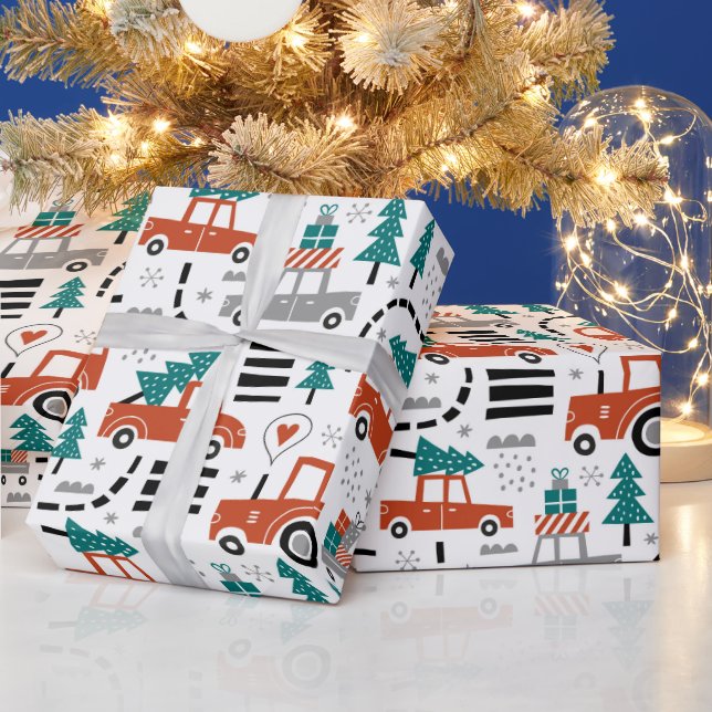 Papier Cadeau Arbres de Noël Voitures Tracteurs Vacances d'hiver (Vacances)