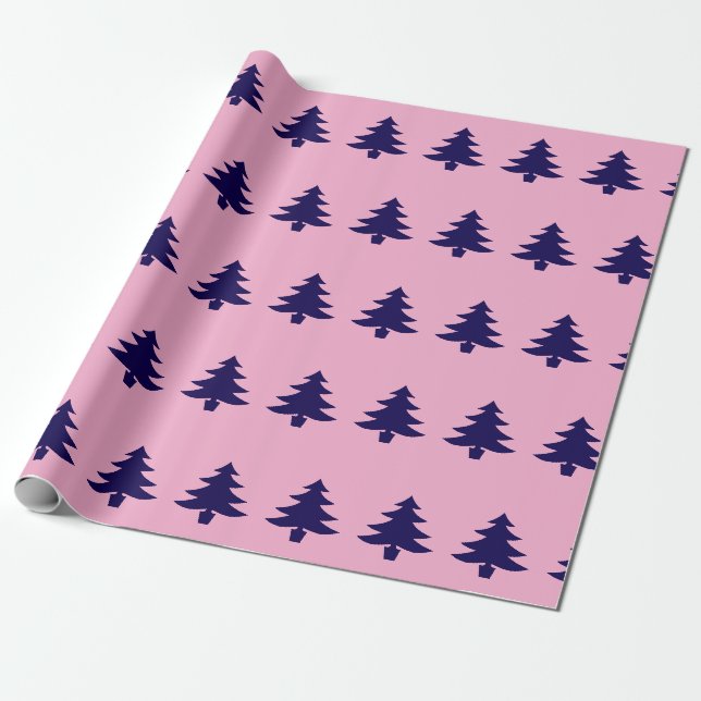 Papier Cadeau Arbres de Noël Whimsical Bleu foncé sur rose clair (Déroulé)