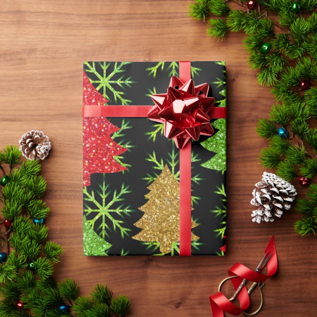 Papier Cadeau Arbres de parties scintillant de Noël et flocons d (Cadeau de vacances)