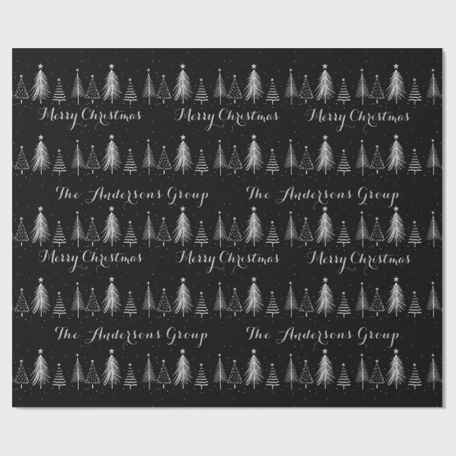 Papier Cadeau Arbres de pin noir & blanc modernes Noël (Plat)