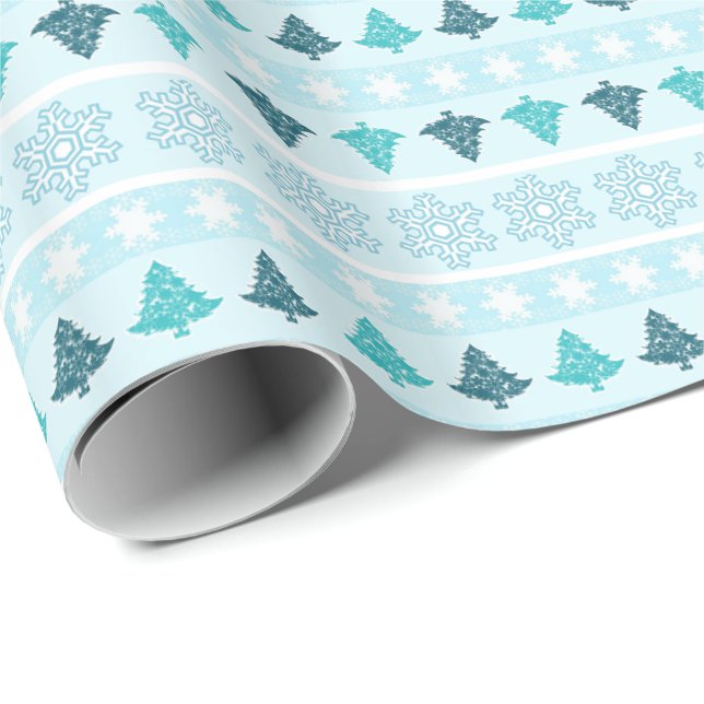 Papier Cadeau Arbres d'hiver et Snowflakes Motif Bleu (Coin rond)