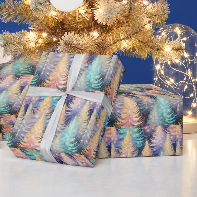 Papier Cadeau Arbres d'or bleu vert moderne Noël (Vacances)