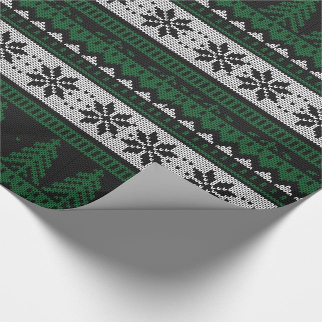 Papier Cadeau Arbres et flocons de neige noirs et blancs verts (Coin)