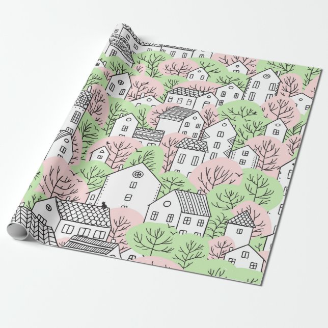 Papier Cadeau Arbres et maisons sans couture motif. Printemps et (Déroulé)