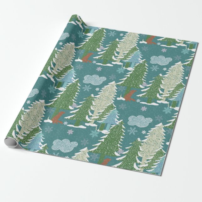 Papier Cadeau Arbres neigeux Papier à enveloppement Renard Rouge (Déroulé)
